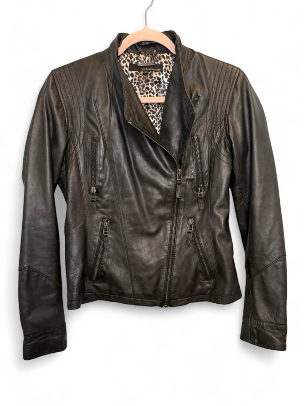 Wilsons Leather Black Moto Jacket Leopard Print Lining Size Small Grunge